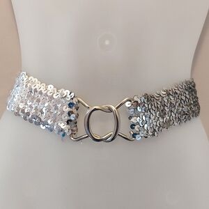 Vintage Silver Sequins Elasticized Stretch Belt with Interlocking Buckle Closure